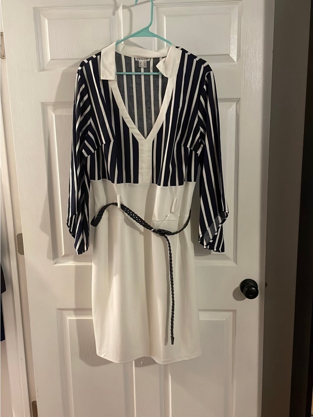 VENUS Navy and White Striped V-Neck Midi Dress NWT